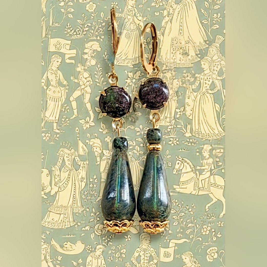Victorian Blue & Green Marble W/ Ruby On Zoisite In Gold Plated Earrings